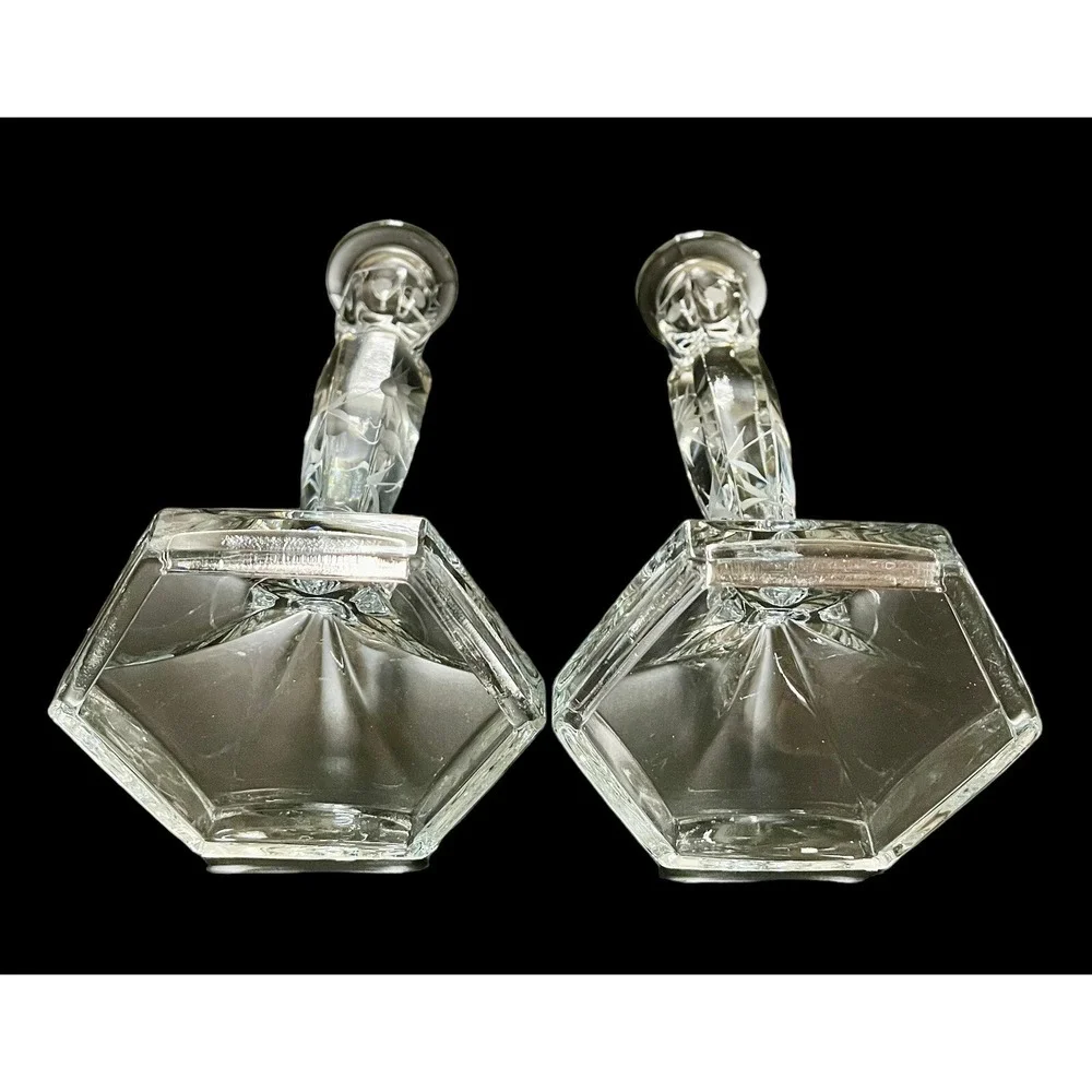 Vintage Pair Of Floral Etched Clear‎ Glass Candlesticks 8-1/2